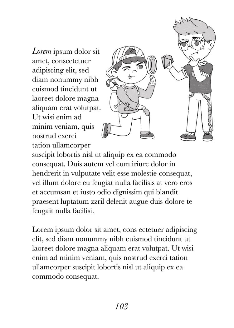 Sample text page surrounding a black-and-white illustration of two boys investigating a jewel with a magnifying glass.