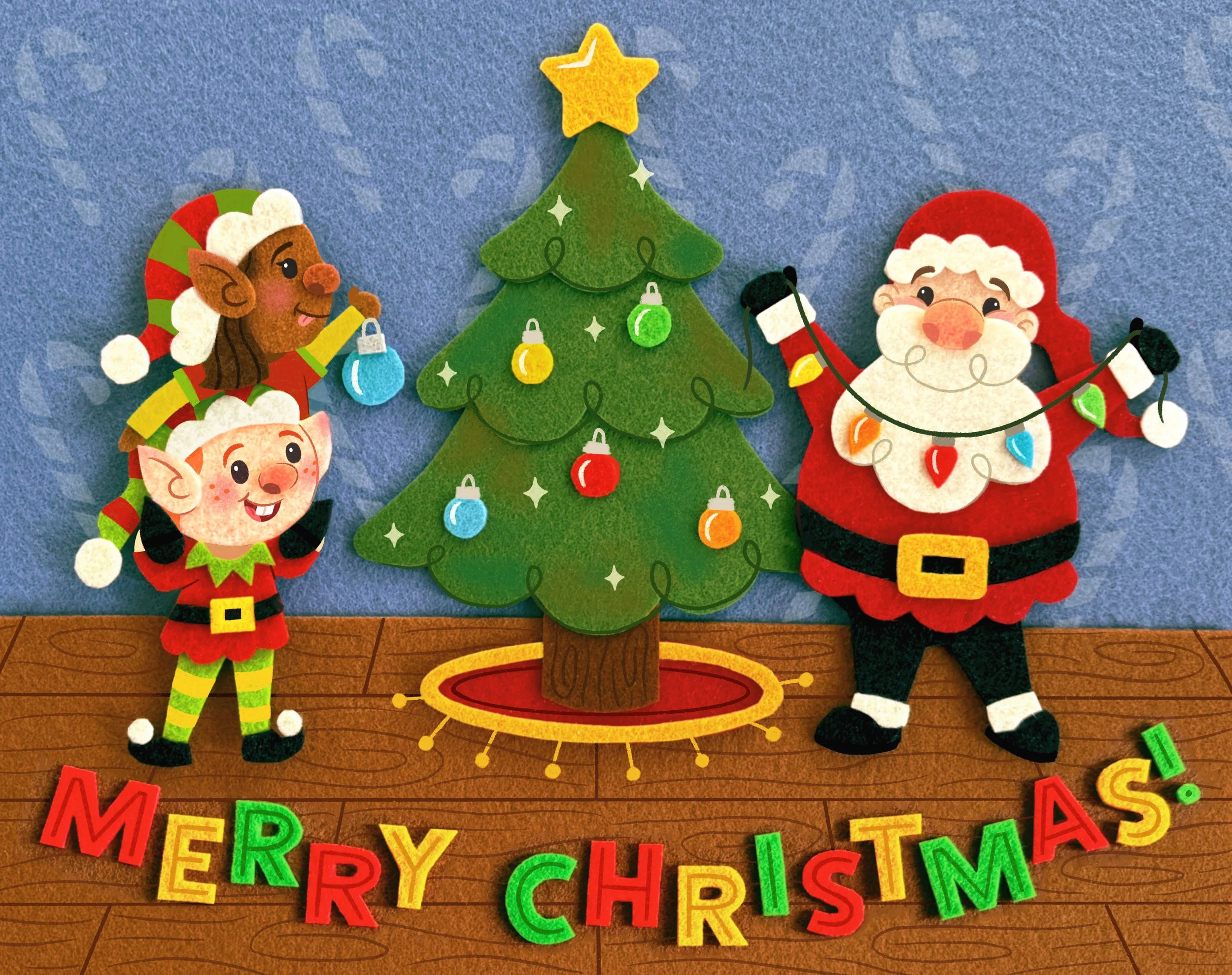 Santa and two of his elves work together to decorate their Christmas tree with ornaments and lights.