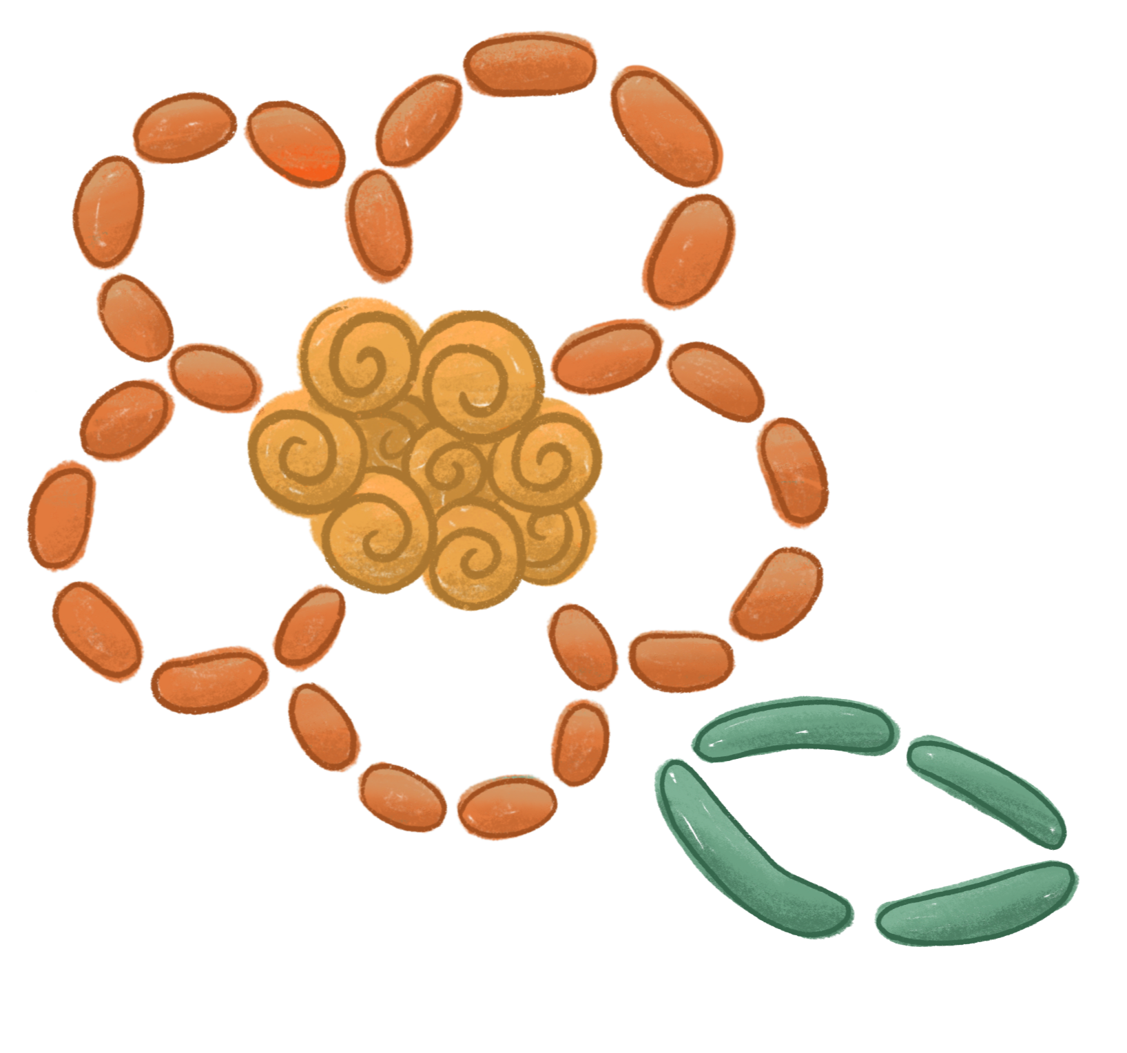 A flower embroidered using orange and green thread.