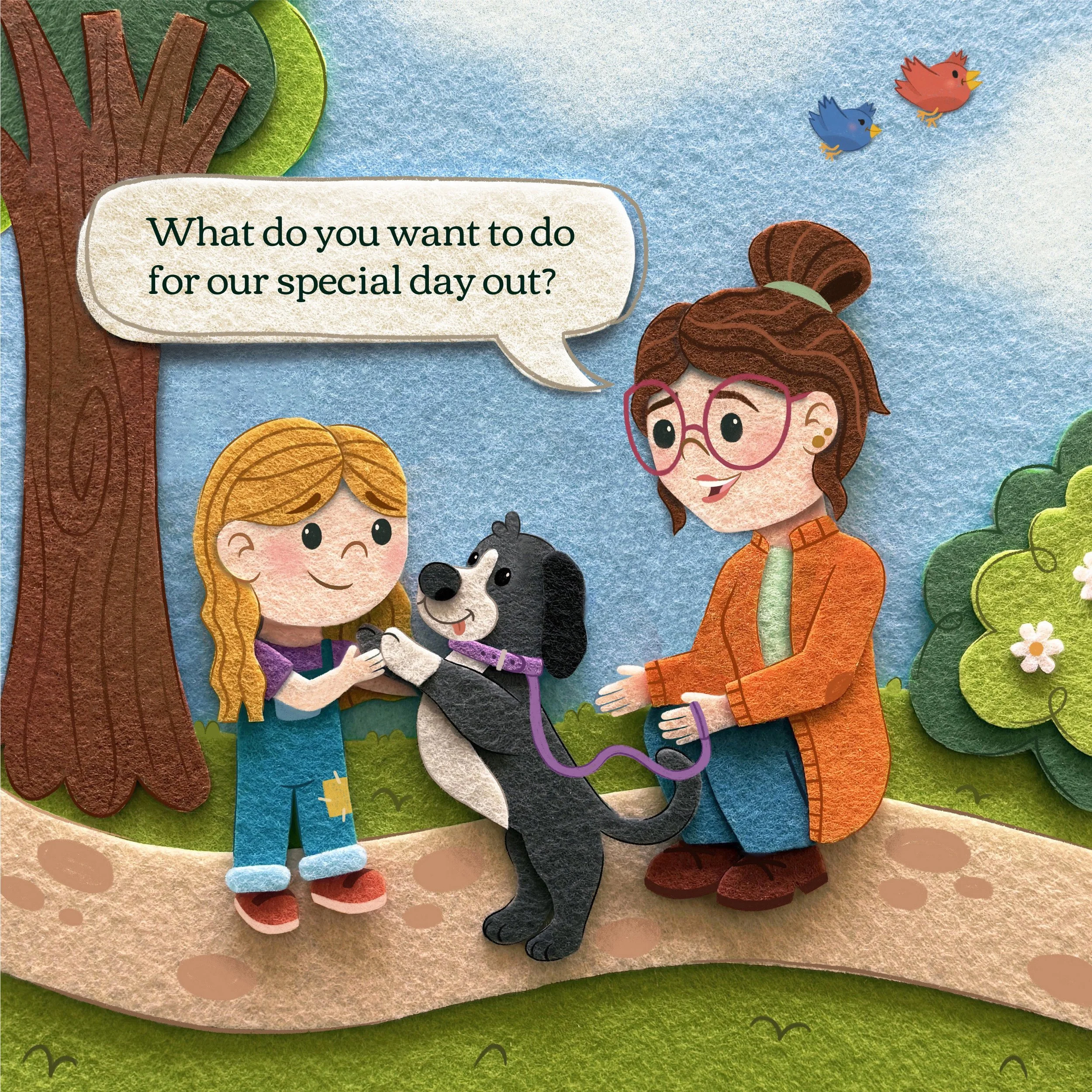 A mother with brown hair and an orange sweater crouches on the sidewalk in front of her daughter. The daughter has blonde hair and blue overalls and pets her black and white dog.