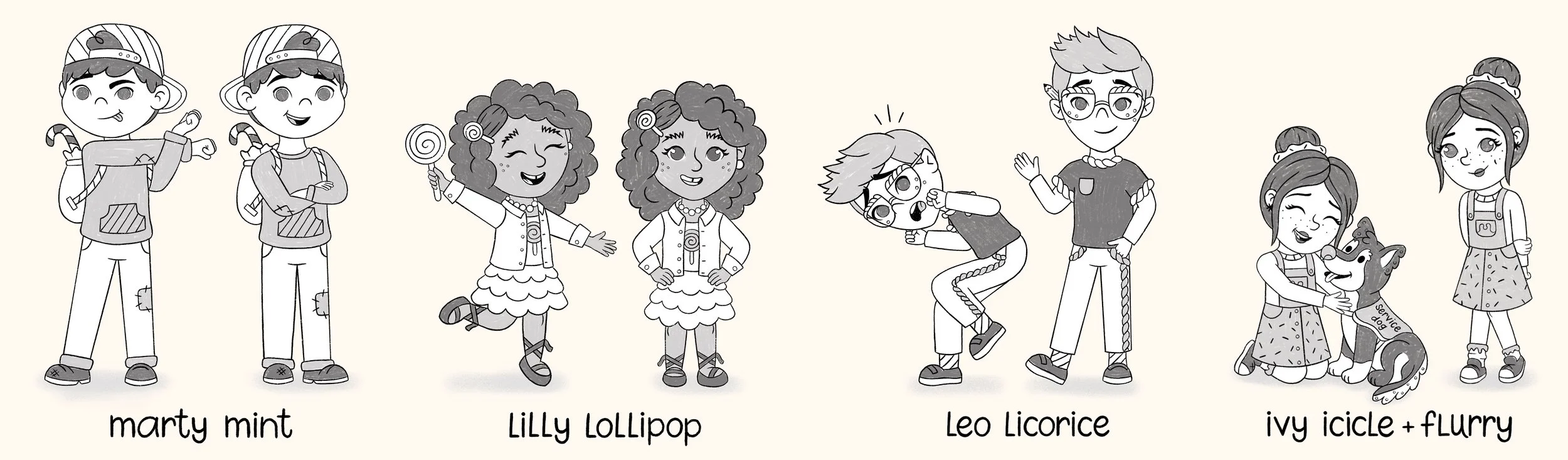 A black-and-white lineup of two boys and two girl characters in candy-themed outfits, in various poses.