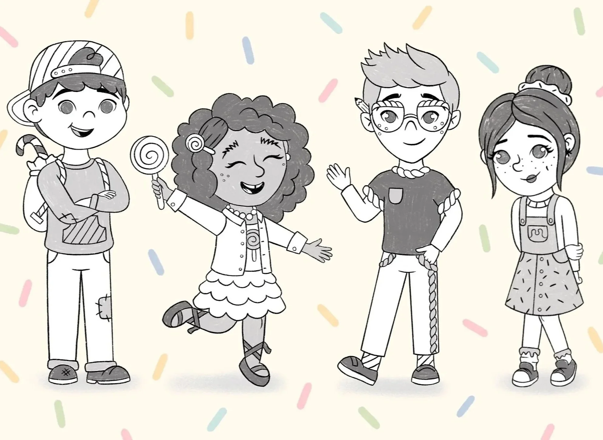 Two boys and two girls illustrated in black and white pose together. Each of their outfits are inspired by a different type of candy, including mints, lollipops, licorice, and ice cream.