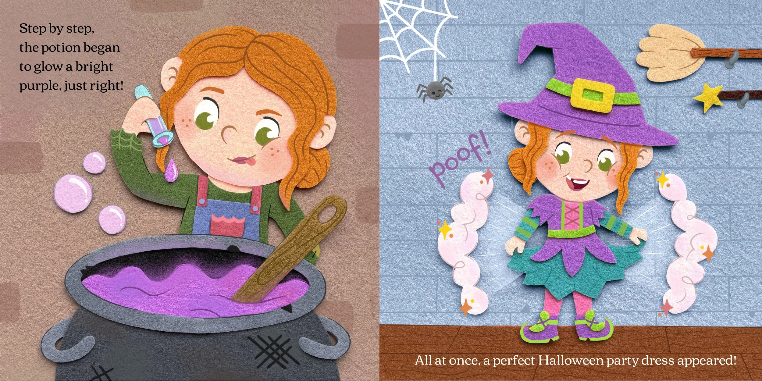 The little witch brews a purple potion in her cauldron, and a perfect Halloween party dress appears. Featuring purple and blue patterns and a purple witch hat, the little witch is ready to go to the party.