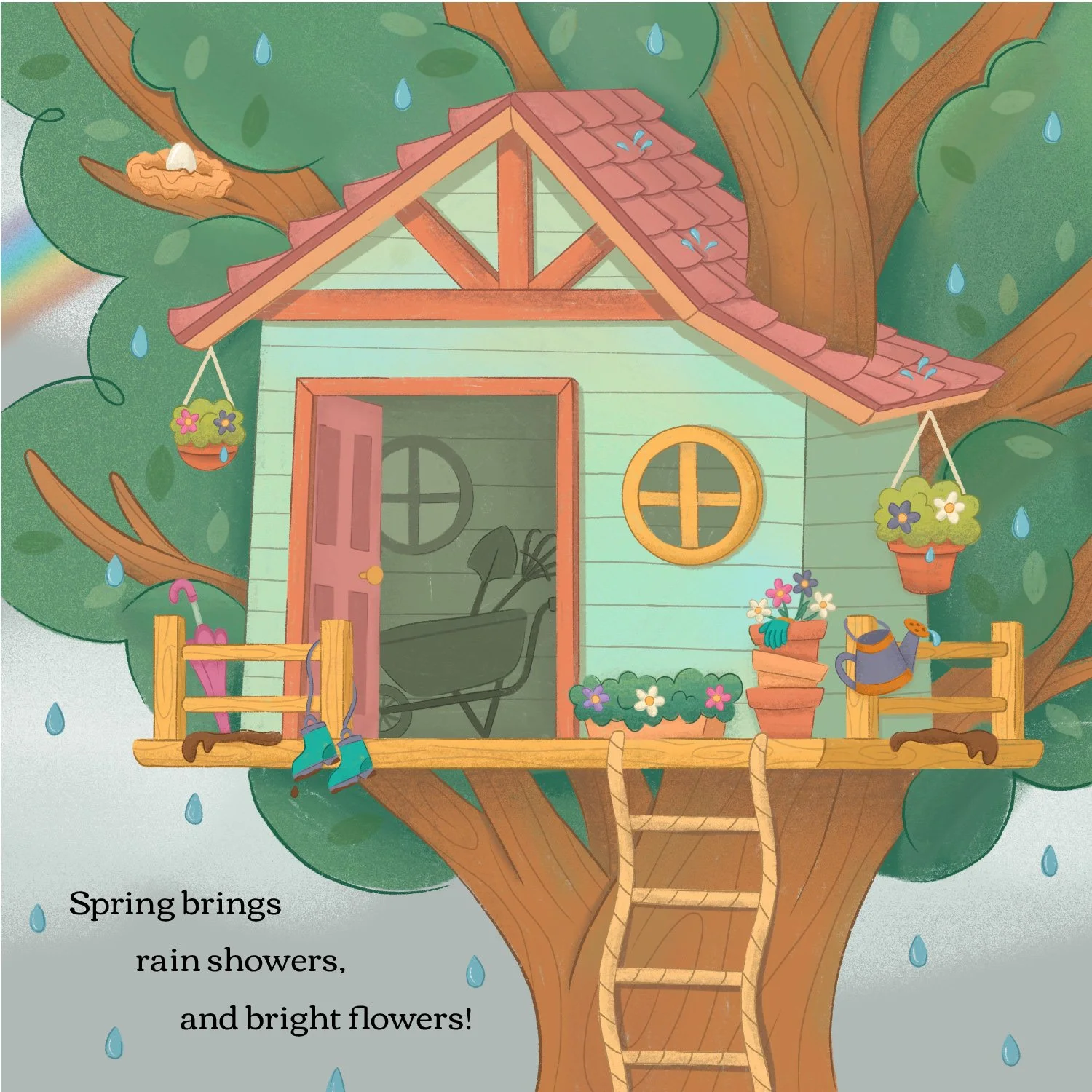 A green treehouse in spring, surrounded by rain drops, gardening tools, and flowers!