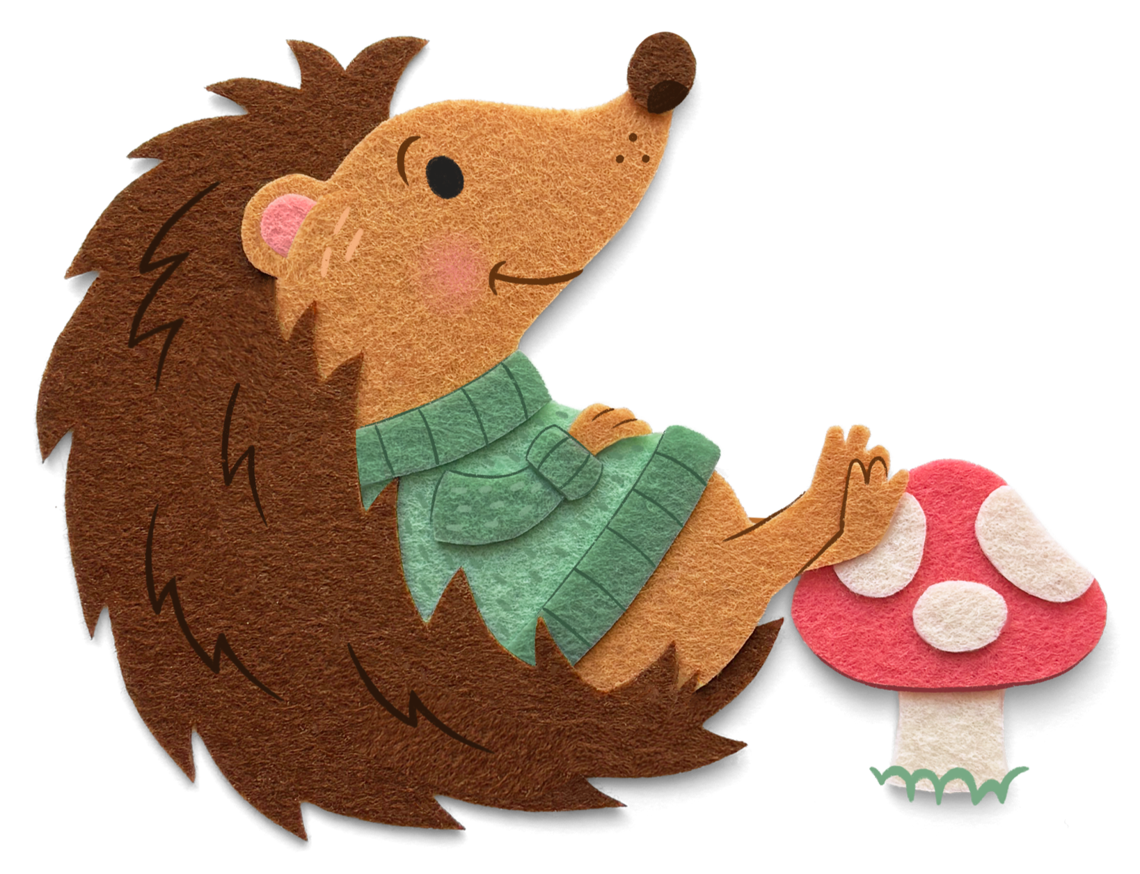 A hedgehog in a teal sweater lounges with his feet up on a pink mushroom.