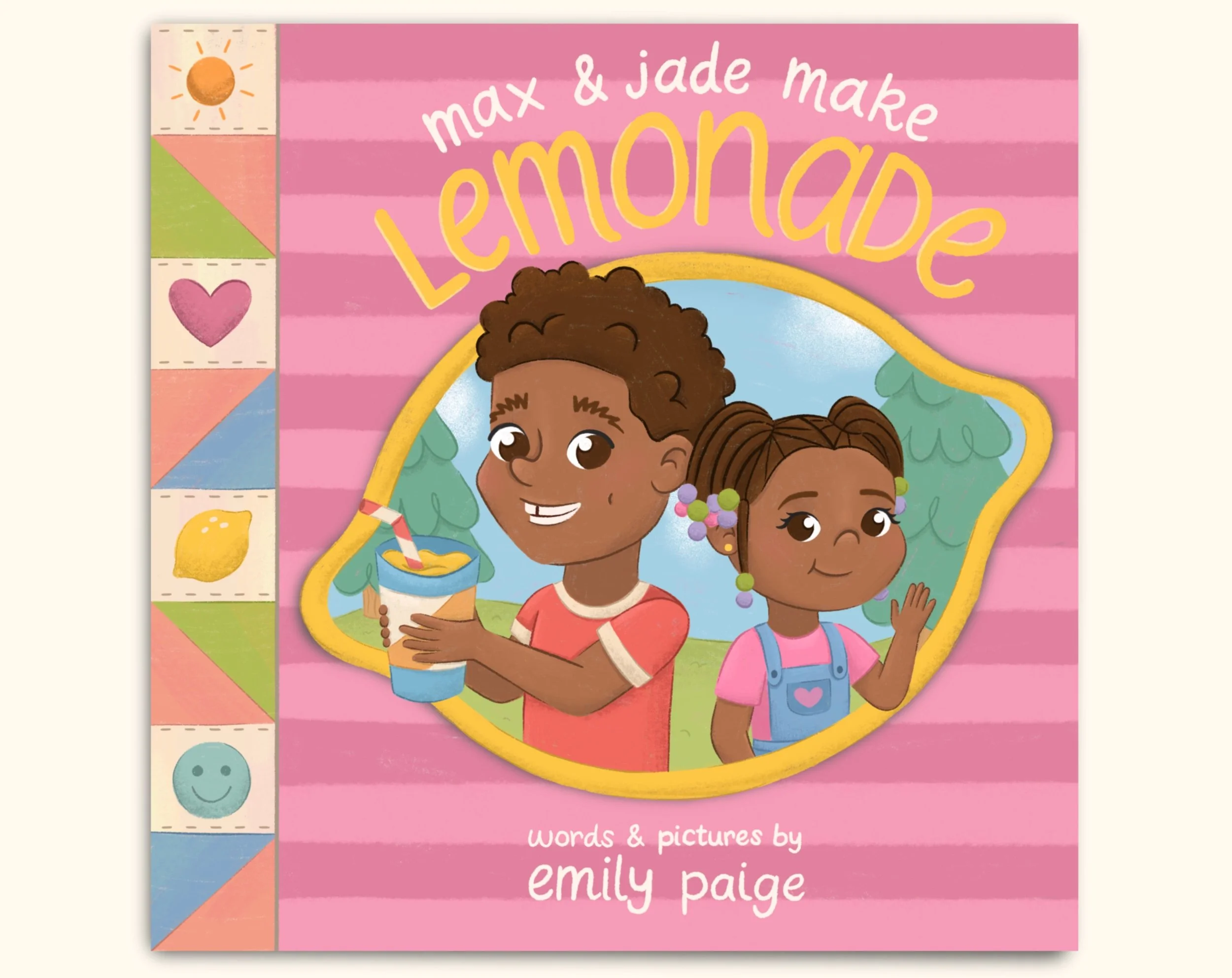 A picture book cover with pink stripes and a quited pattern along the left edge. A lemon-shape encircles a young brother and sister holding a glass of lemonade.