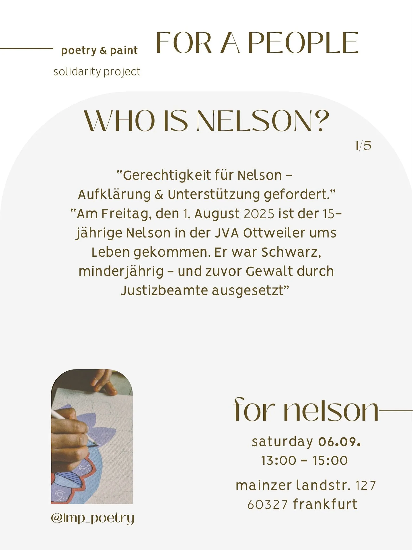 POETRY &amp; PAINT FOR A PEOPLE
a solidarity project from our people for our people.

Sa 06.09.25 &bull; 13:00-15:00
Fundraising f&uuml;r Nelson

ℹ️ &Uuml;ber das solidarity project:
🕯️Poetry &amp; Paint for a People ist eine Fundraising-Eventreihe.