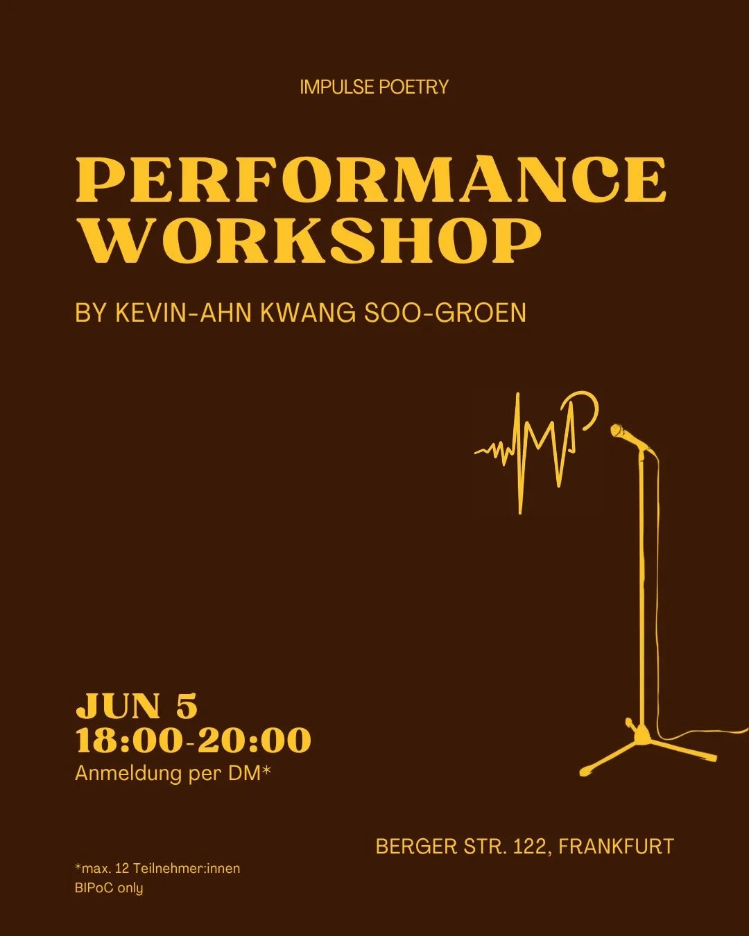 Performance Workshop with Kevin-Ahn Kwang Soo-Groen @word.magician 🪄

✨During this workshop we will learn more about how to bring your written words to the stage, and make them shine. We&rsquo;ll be exploring the following questions:
How do you add 