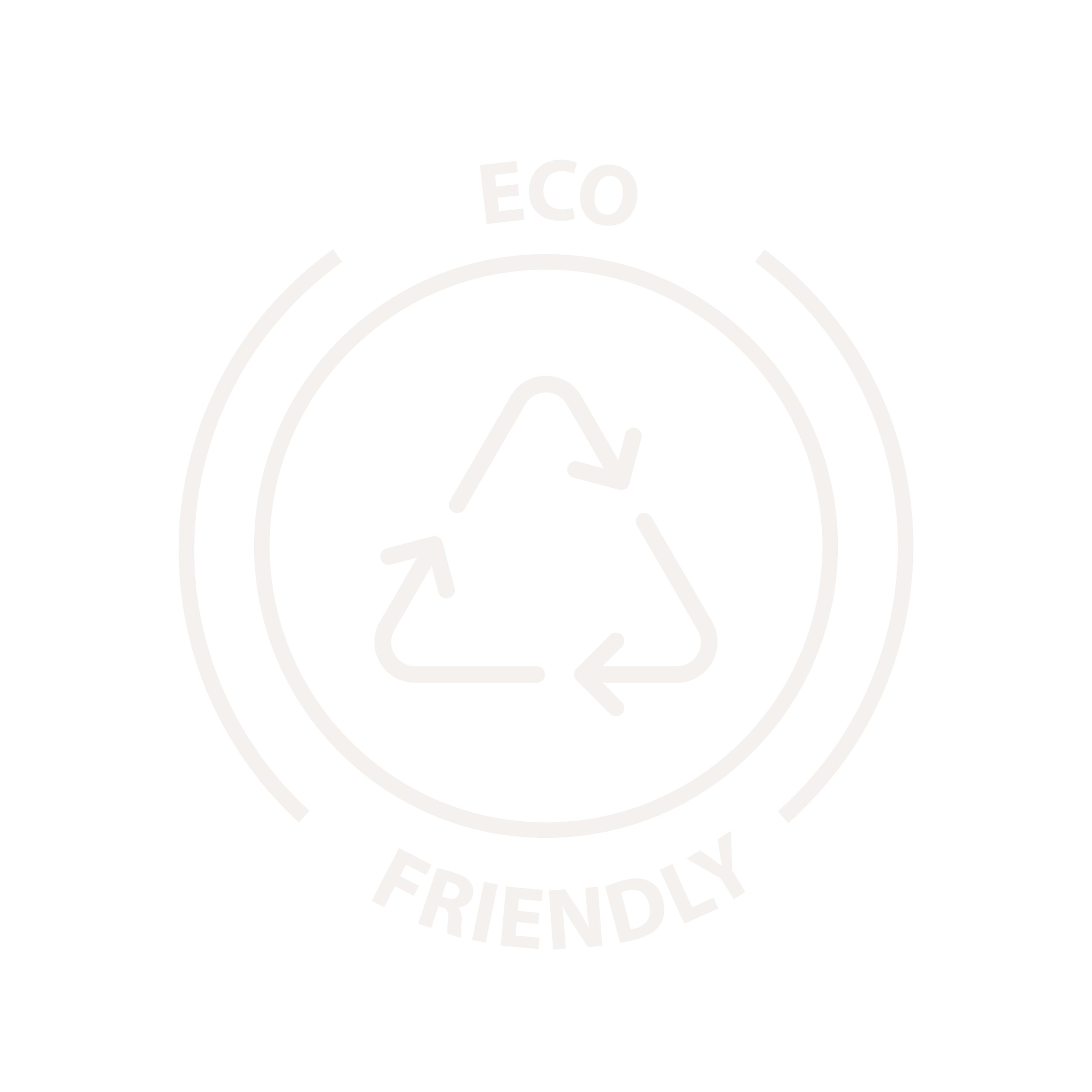 White circular badge with the words "ECO FRIENDLY" and an arrow symbol, surrounded by dashed lines.