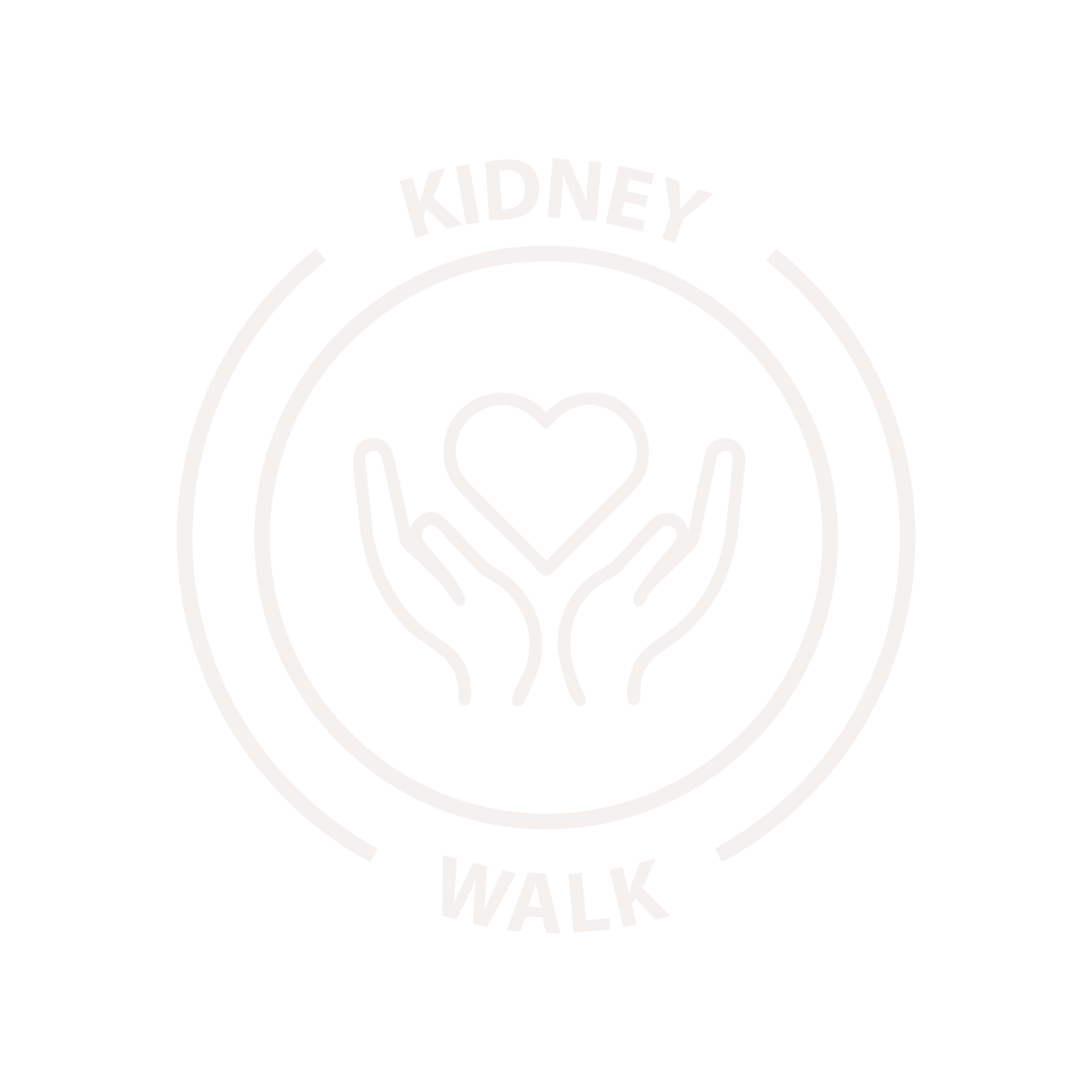 A circular emblem with the words 'Kidney Walk' around the top and bottom, and a heart-shaped kidney icon in the center.