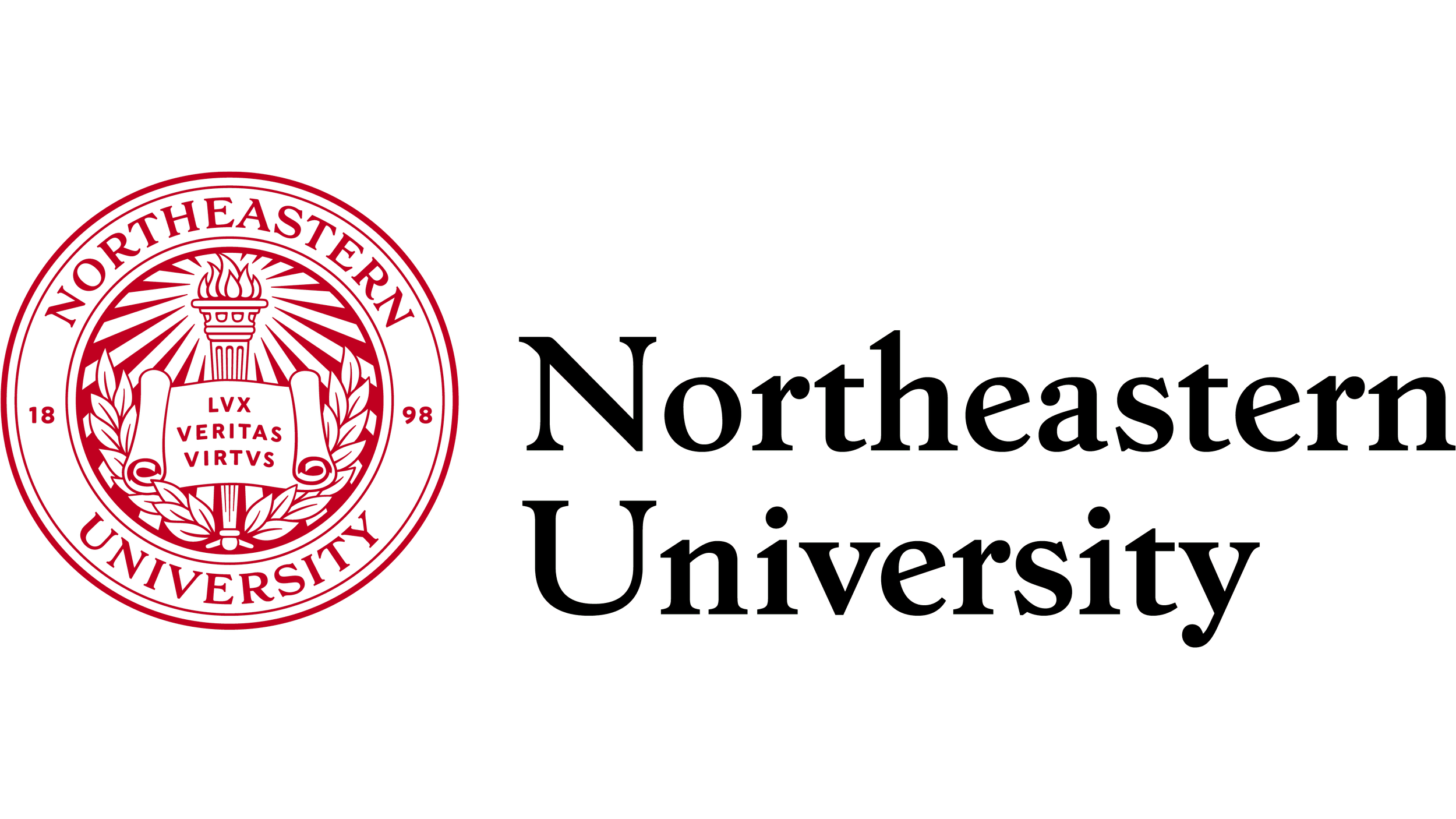 Logo of Northeastern University featuring a red circular emblem with a torch, laurel branches, and Latin text, alongside the university name in black text.