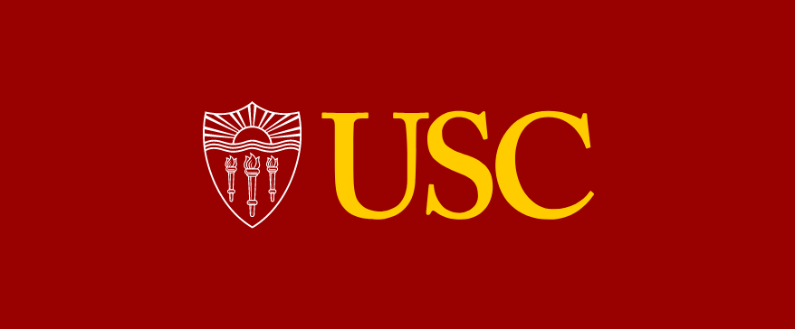 USC logo with a shield and three torches on a red background.