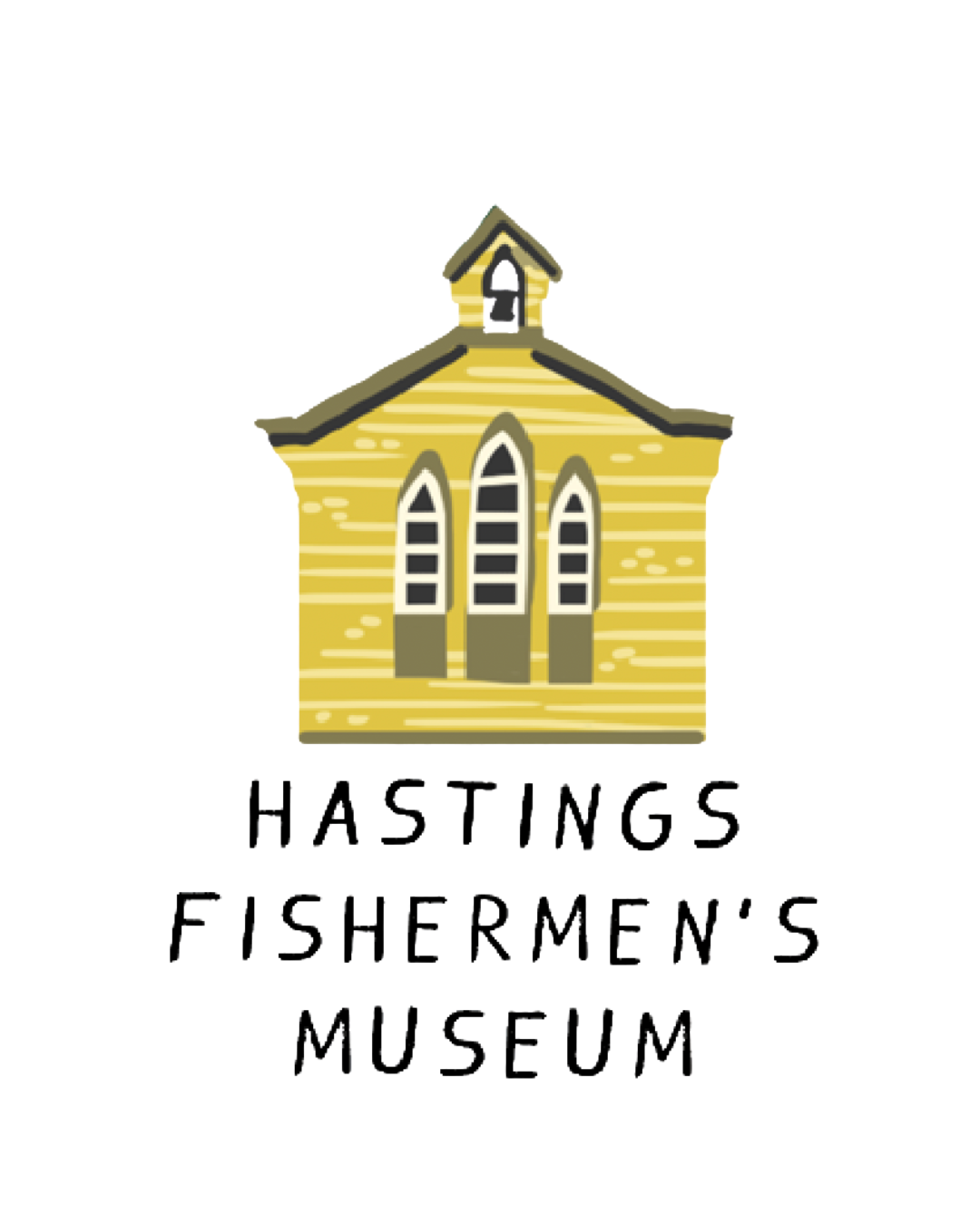 Illustration of a yellow wooden church with three stained glass windows and a small bell tower. The text below reads 'Hastings Fishermen's Museum'.