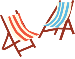 Illustration of two deck chairs one red and white stripedd the other blue and white striped.