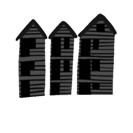 Three black and white striped wooden house-shaped decorations of varying heights on a gray background.