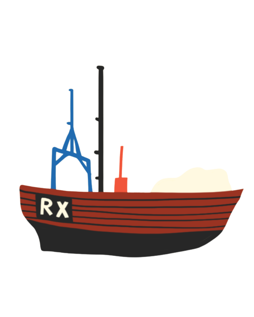Illustration of a red and black =boat with 'RX' on the side
