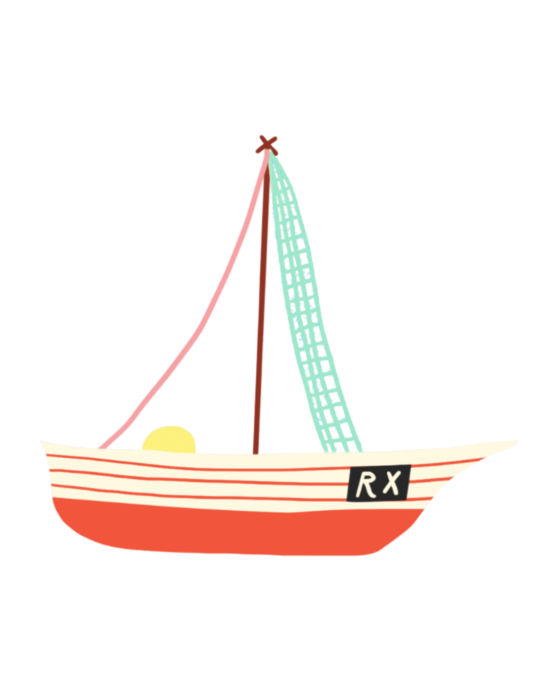 Illustration of a boat with a red bottom, white stripe pattern, a yellow circle, and sails with the letters 'RX' on it.