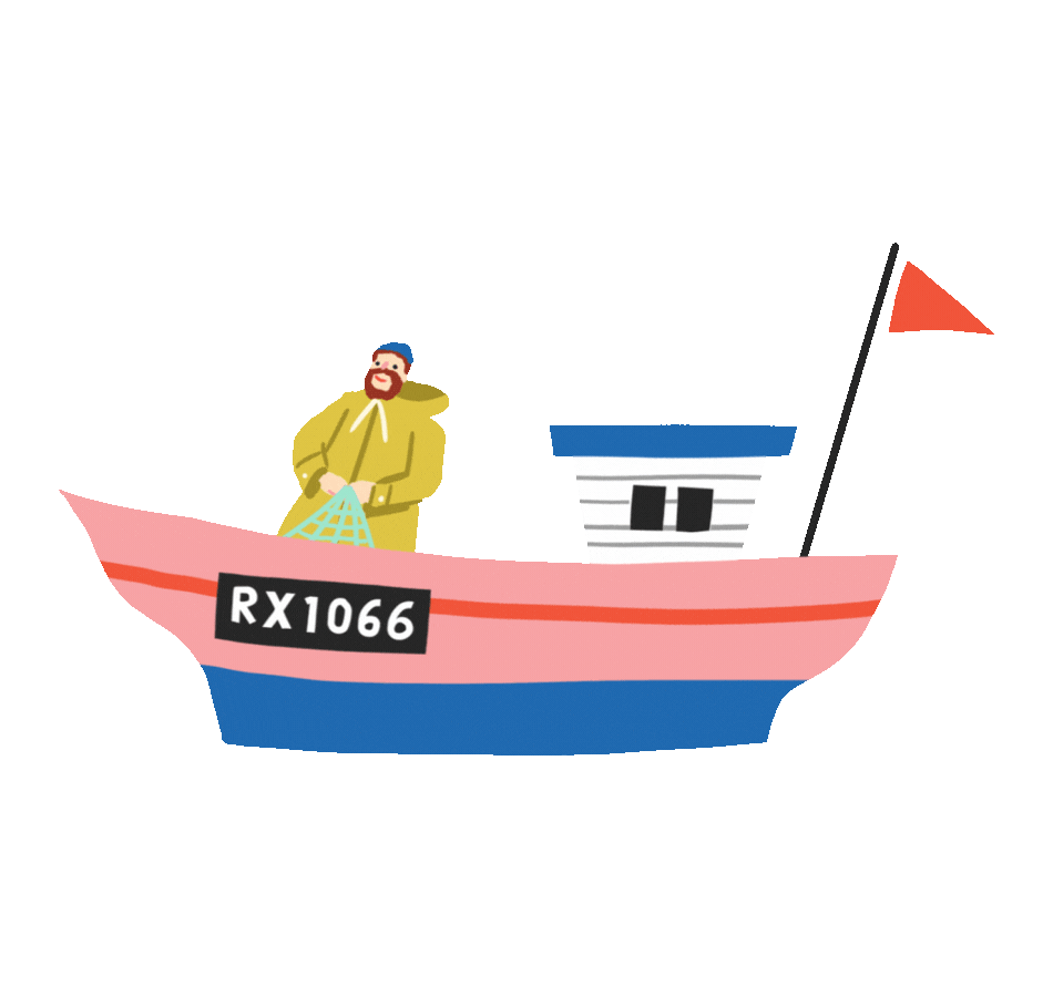 A cartoon illustration of a pink fishing boat with a man in a yellow jacket holding a fishing net, a small dock cabin, and a red flag, set against a light pink background.