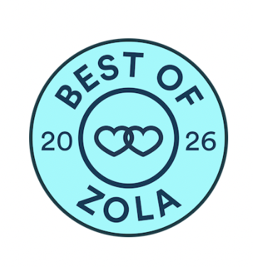 Blue circular badge with the text "Best of Zola 2026" and two intertwined hearts in the center.