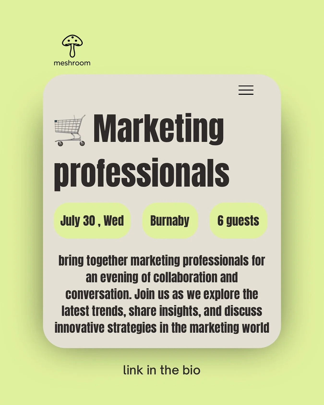 溫哥華 ｜中文圈職場人脈擴展 ｜Secret Dinner 
小型聚會 &bull; 深入交流 &bull; Just real people
⬇️Join the Dinner ⬇️
LINK IN BIO 🔗🔗