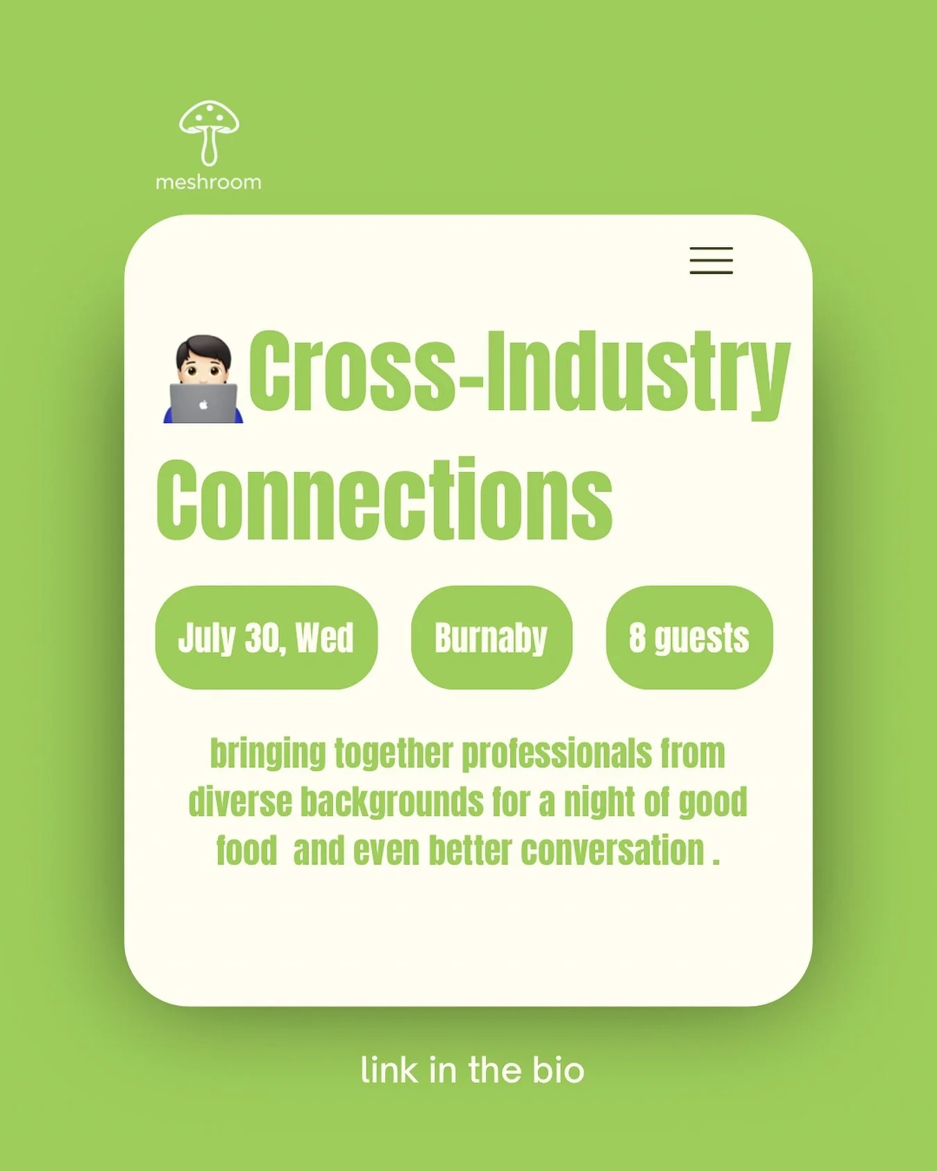 溫哥華 ｜中文圈職場人脈擴展 ｜Secret Dinner 
小型聚會 &bull; 深入交流 &bull; Just real people
⬇️Join the Dinner ⬇️
LINK IN BIO 🔗🔗