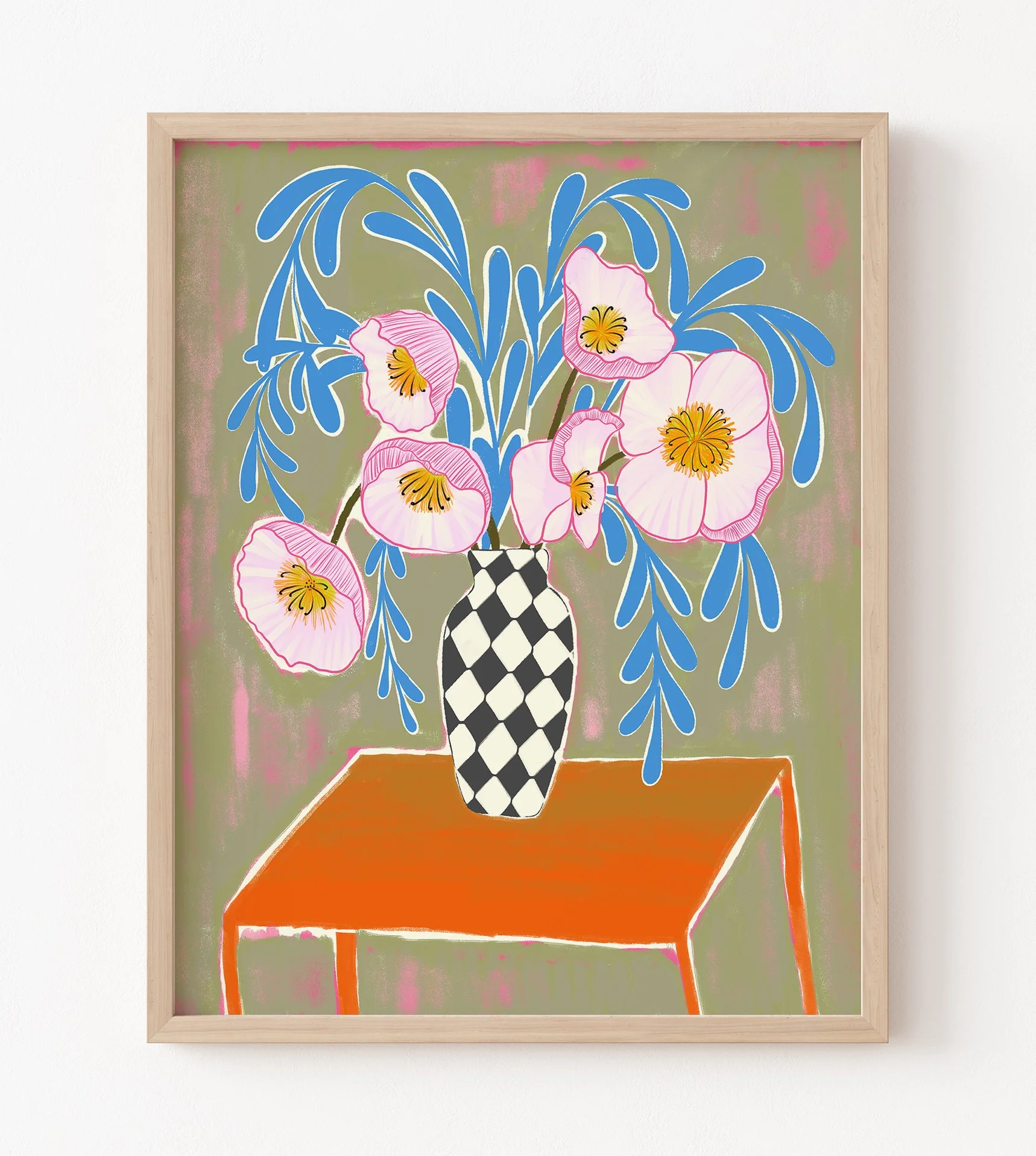 Checkered Vase Pink Floral Art Print