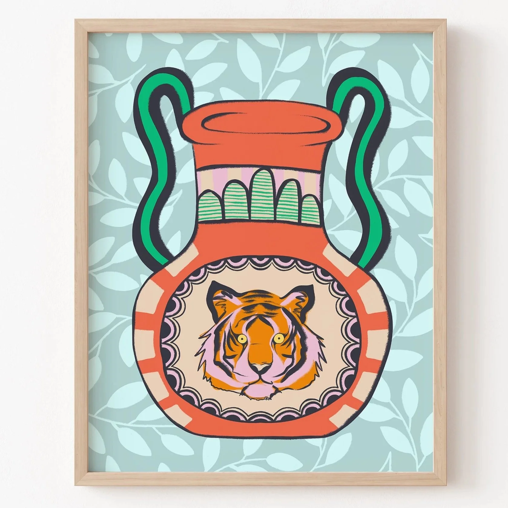 Tiger Vase Illustration, Colorful Eclectic Art Print