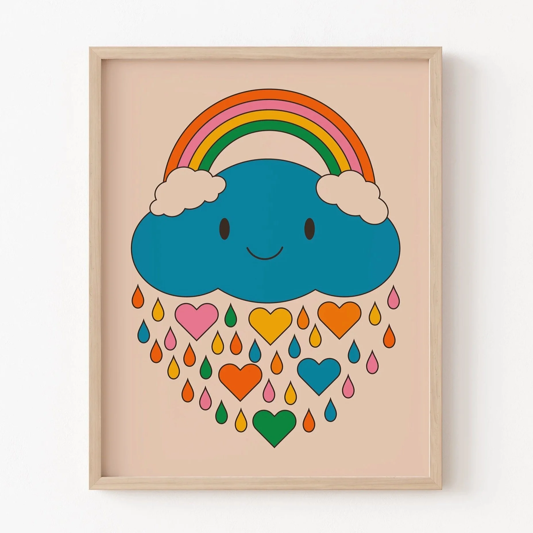 Smiling Cloud Print with Rainbow and Hearts Art Print
