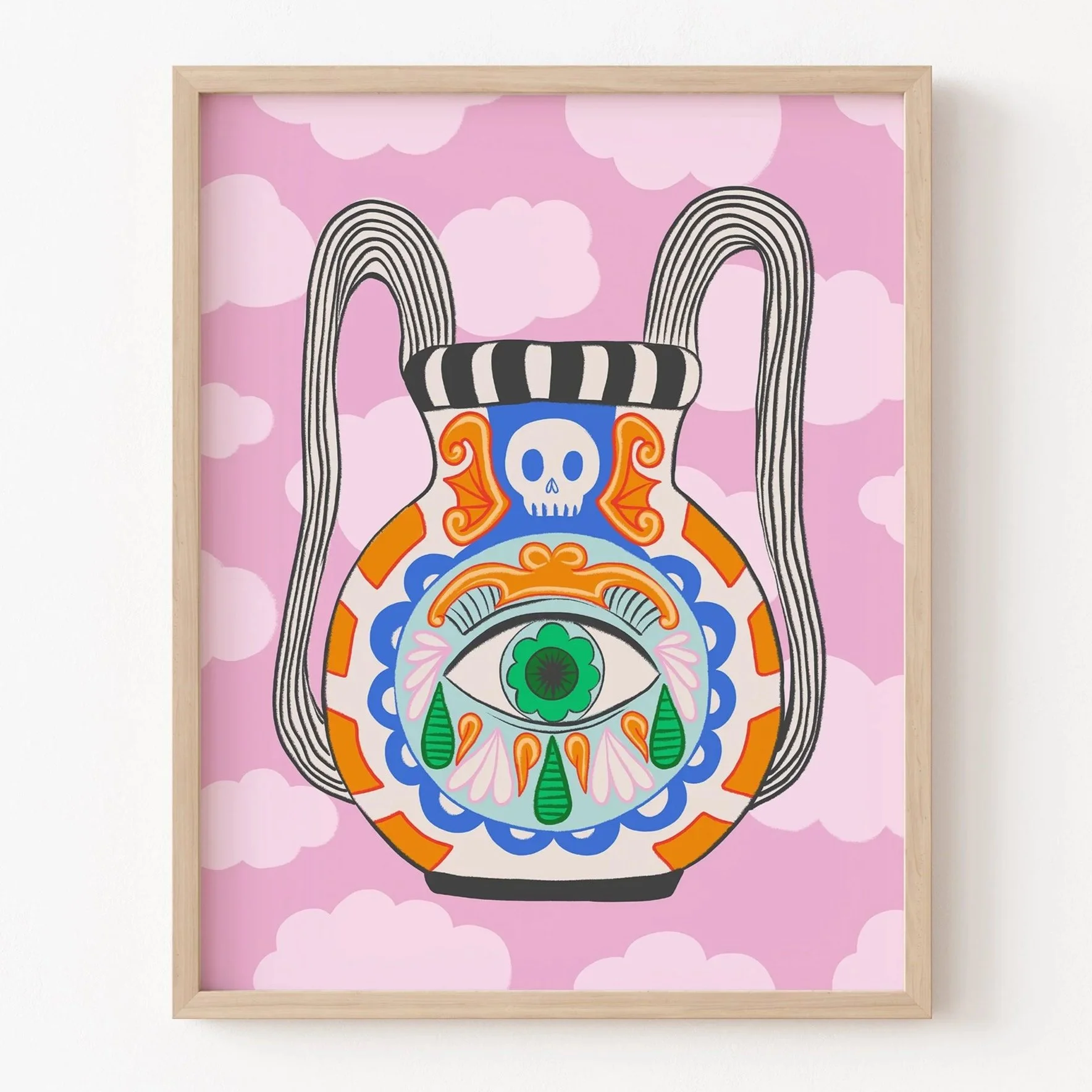 Eye and Skull Vase Illustration, Colorful Surreal Art Print