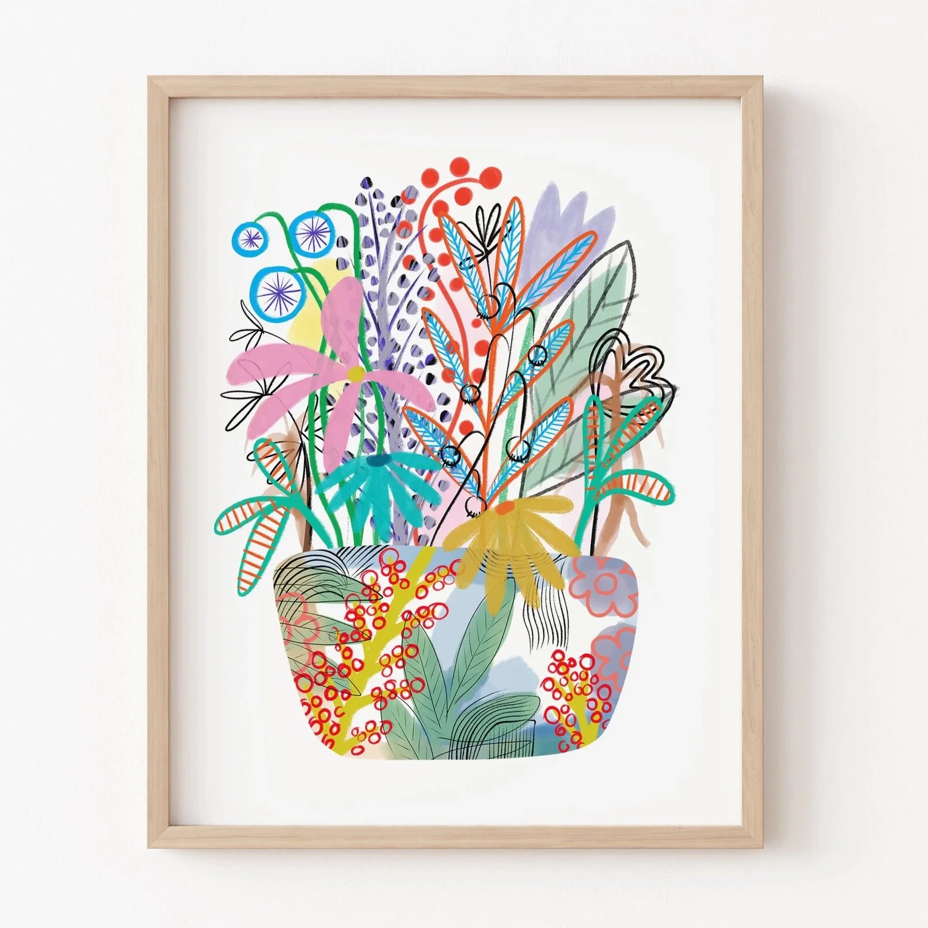 Colorful Floral Pot Illustration, Modern Botanical Art Print
