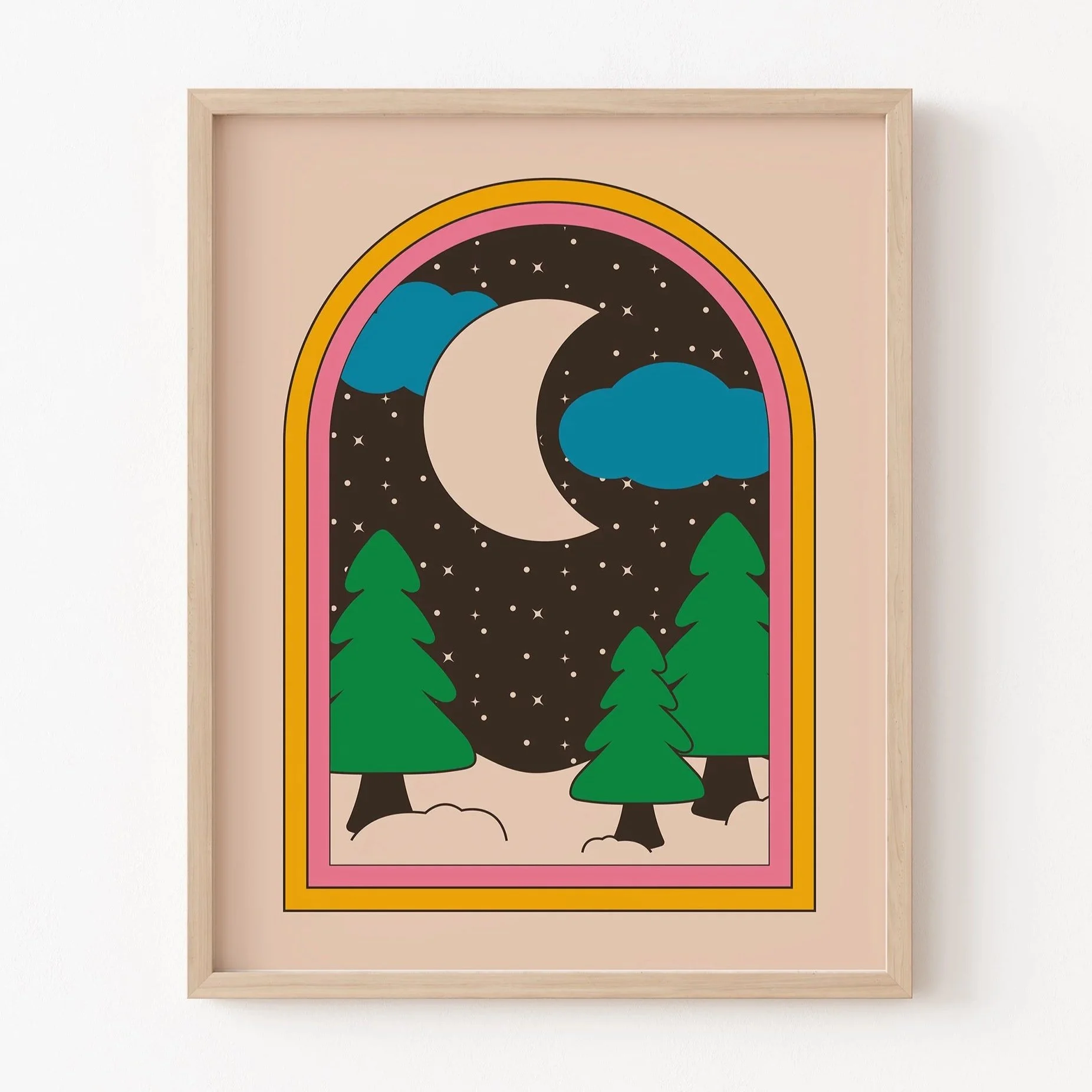 Retro Night Forest & Moon Art Print