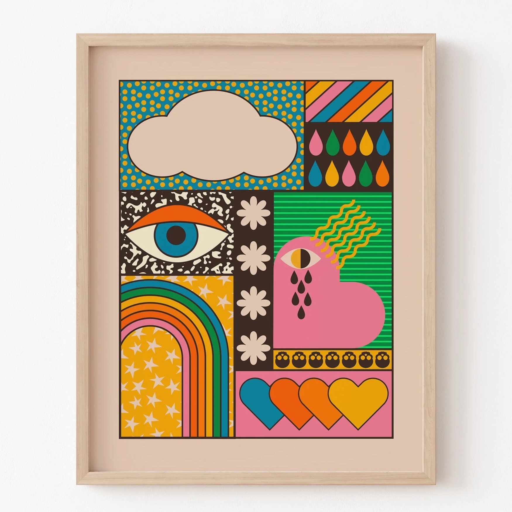 Retro Eye and Rainbow Collage, Colorful Graphic Art Print