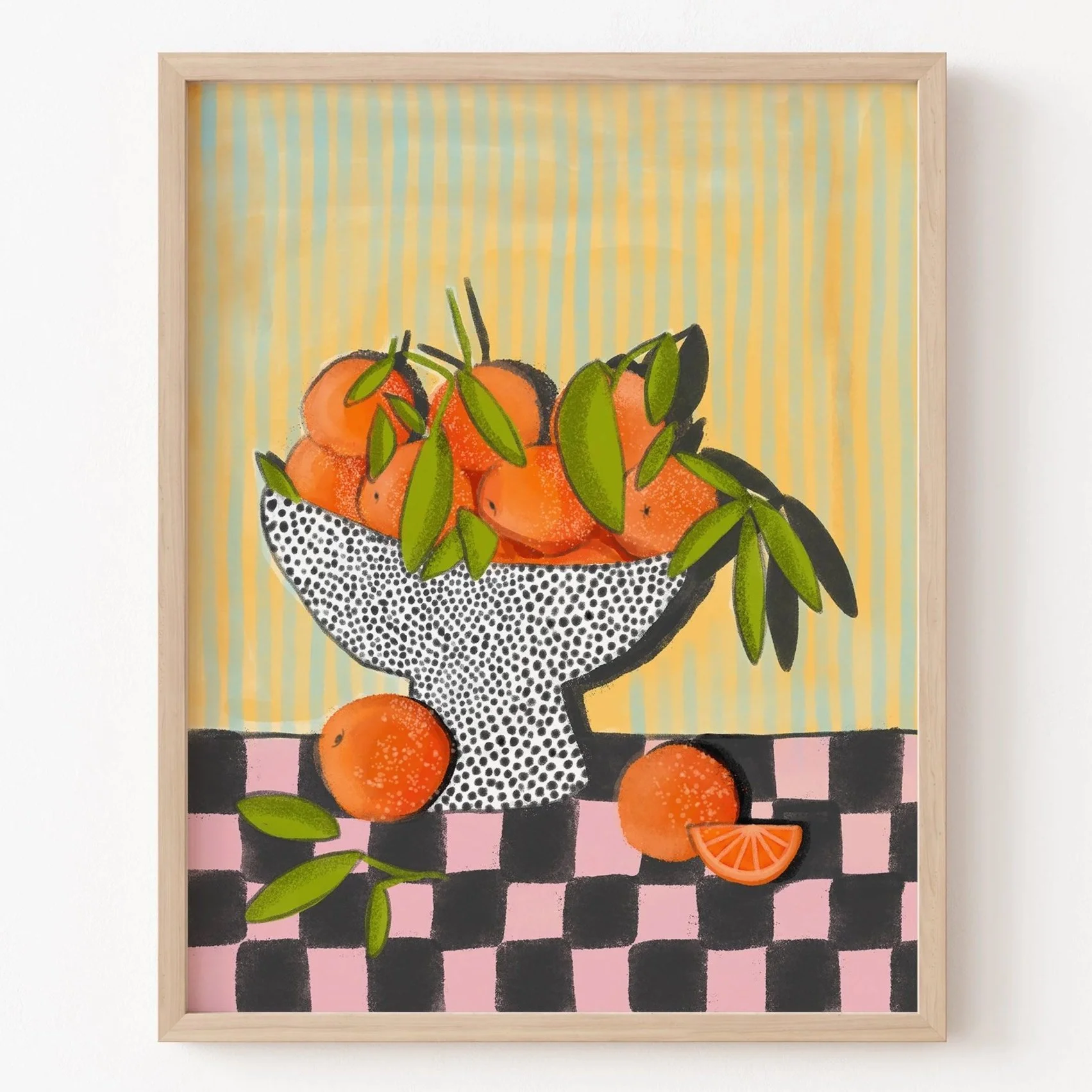Oranges in a Polka Dot Bowl, Colorful Still Life Art Print