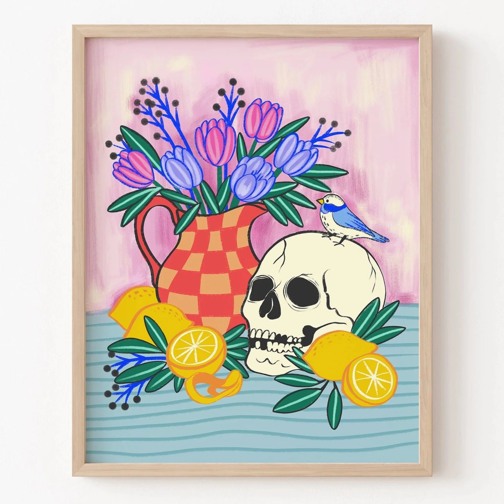 Skull and Lemons Still Life, Colorful Floral Art Print