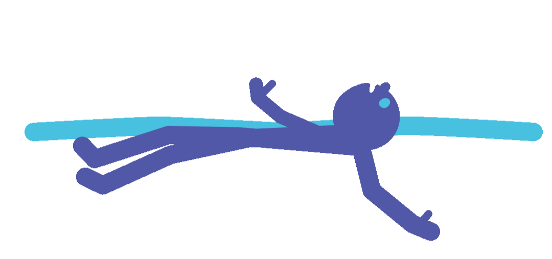 Illustration of a person floating on their back in a swimming pool, wearing goggles, with arms outstretched.