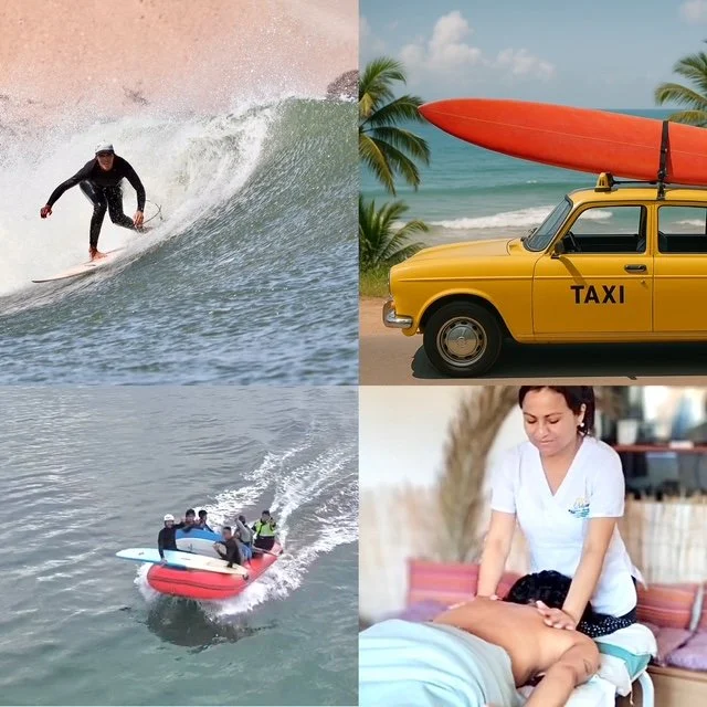 Variedad de servicios como masajes, botes, taxis y lecciones de surf en Surf House Chicama