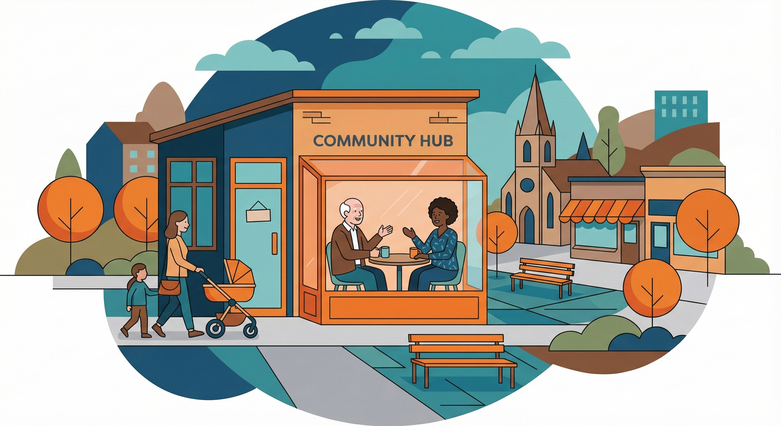 Illustration of a community hub building with large windows, people inside talking, a woman walking with a child and stroller outside, and surrounding trees and buildings in a colorful urban setting.