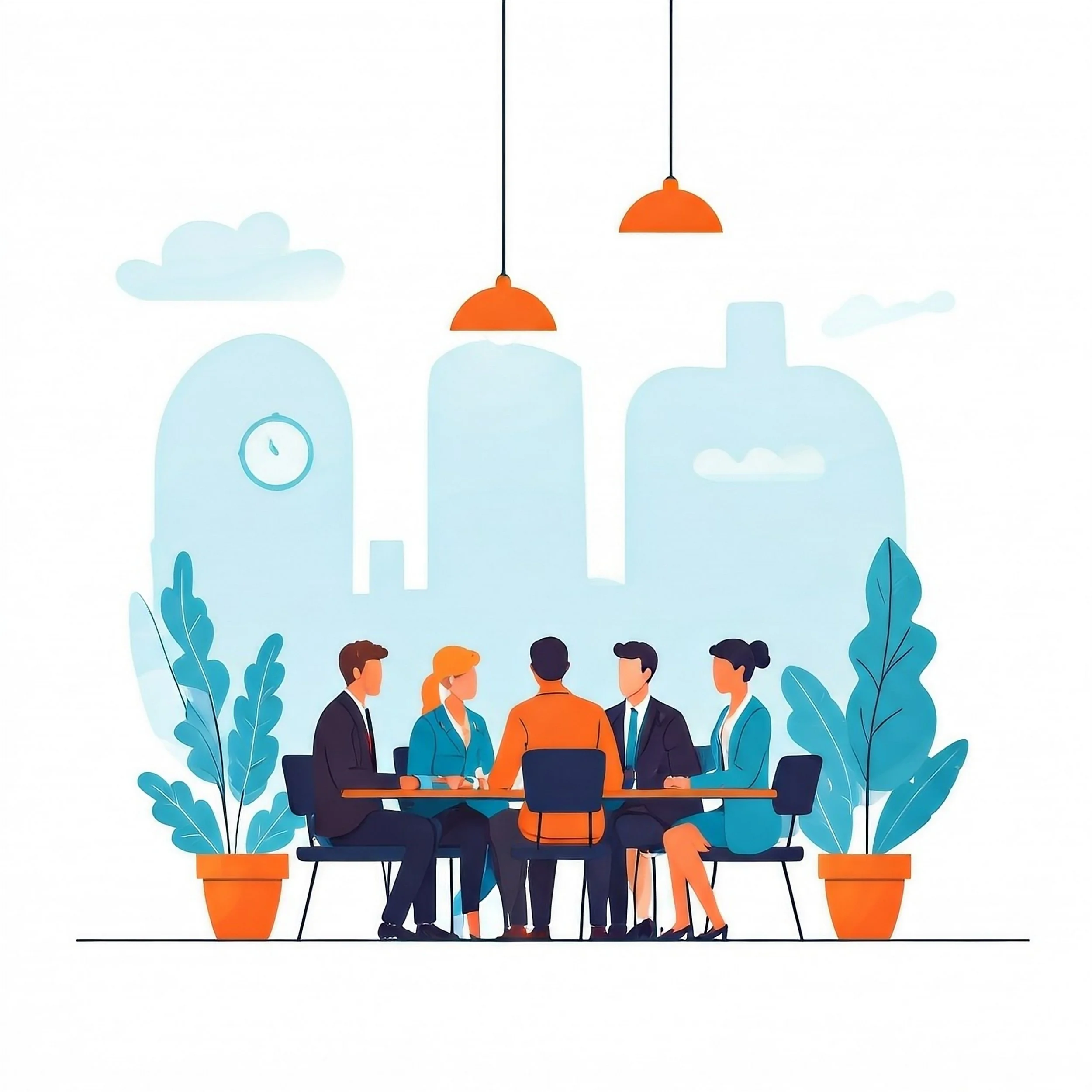 Illustration of five business people sitting around a conference table in a modern office with large plants and cityscape view in the background.
