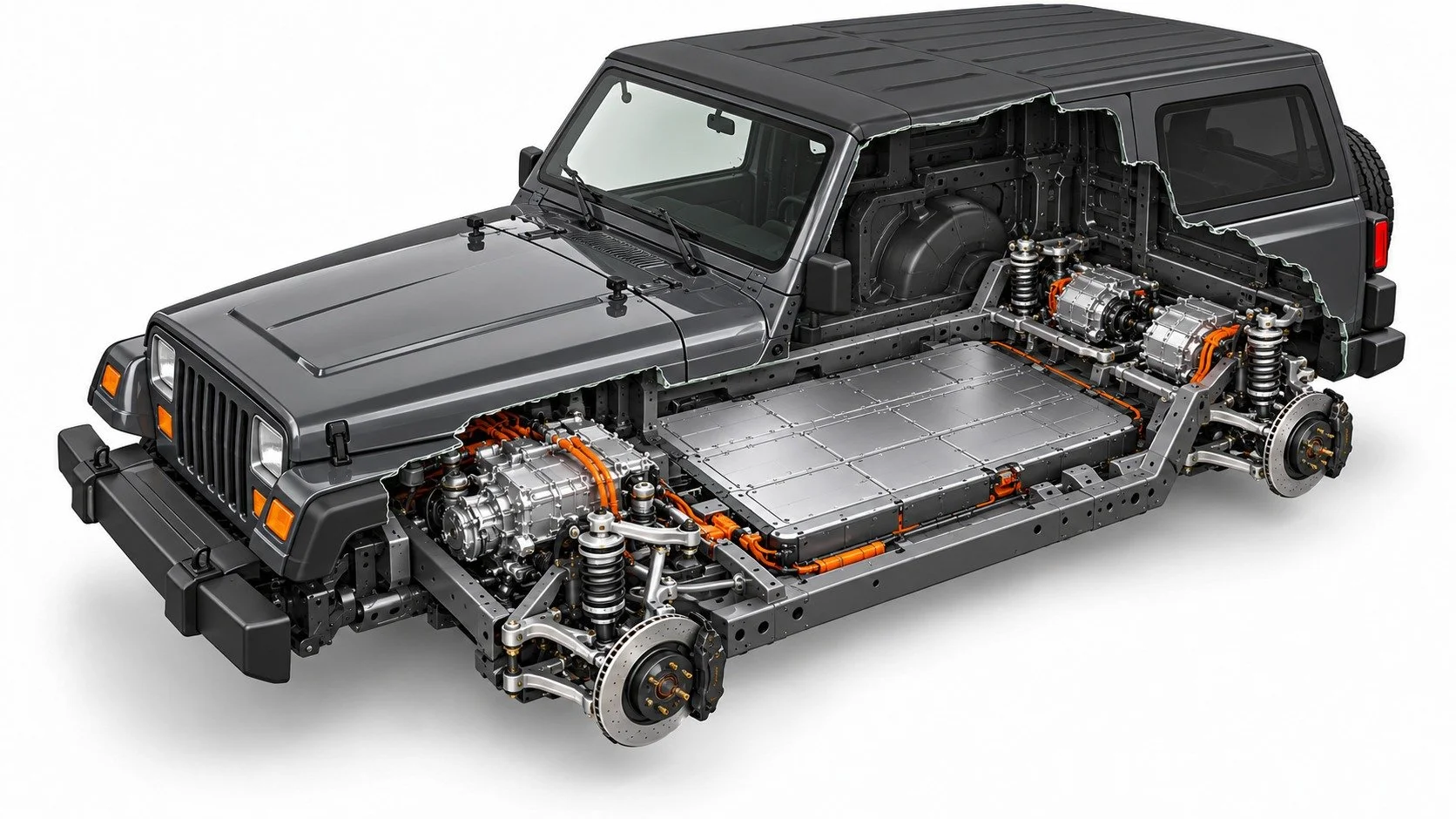 JEEP WRANGLER YJ • EV CUTAWAY
Concept visualization • Final fitment and components vary by project