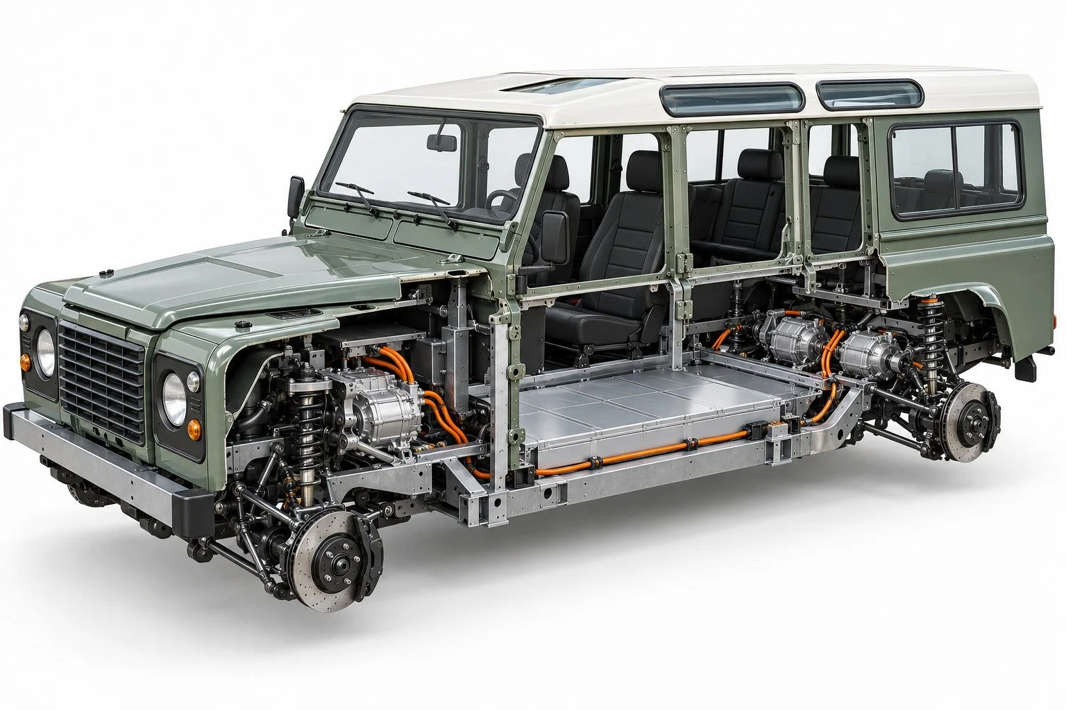 LAND ROVER DEFENDER 110 • EV CUTAWAY
Concept visualization • Final fitment and components vary by project