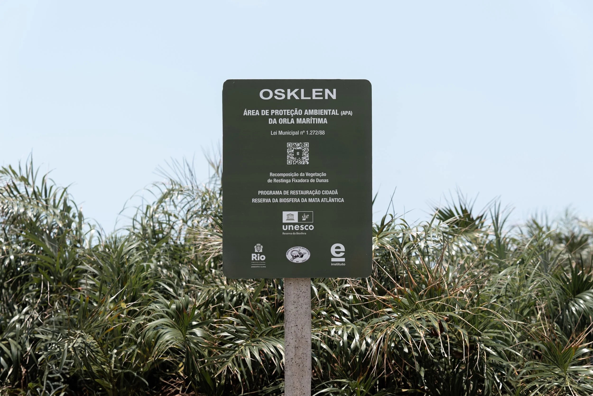 Placa de proteção ambiental na orla marítima, com informações sobre restauração da vegetação e reservas do biosfera, cercada por plantas de restinga.