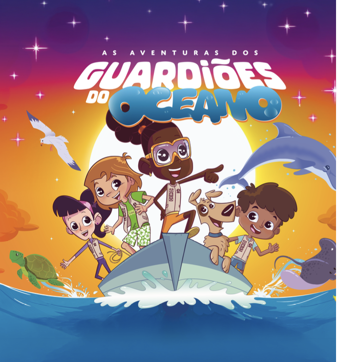Ilustração de crianças e um cachorro em um barco no oceano, com animais marinhos como tartaruga, golfinho, peixe e polvo, com estrelas e céu colorido ao fundo, título "As Aventuras dos Guardiões do Oceano".