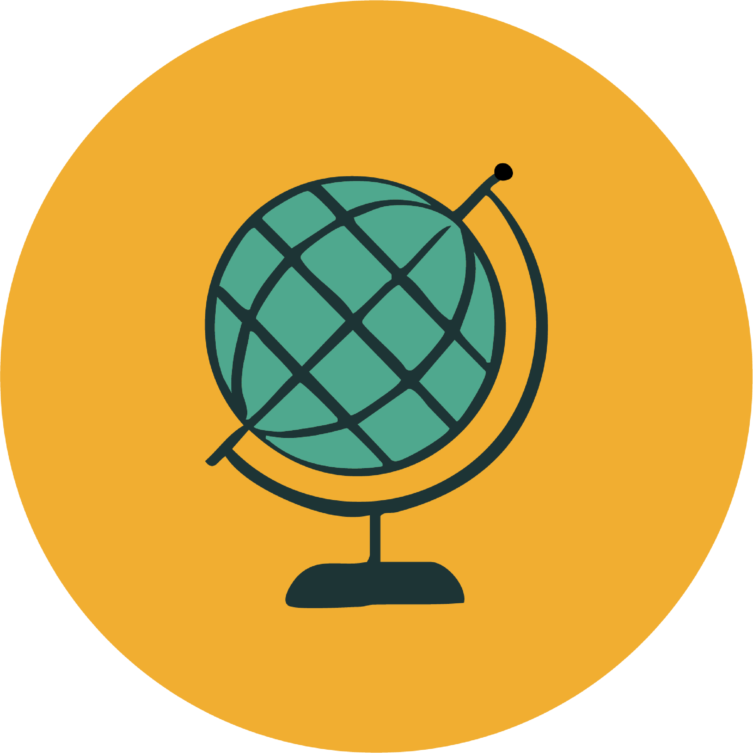 Illustration of a globe on a stand with a yellow background.