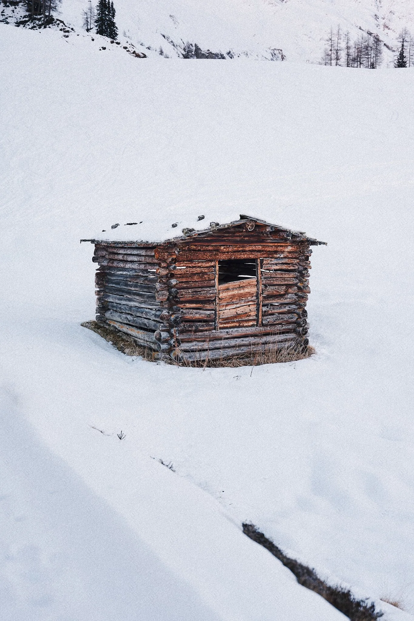 Ein kleines Holzhaus inmitten einer schneebedeckten Winterlandschaft mit Bäumen im Hintergrund.