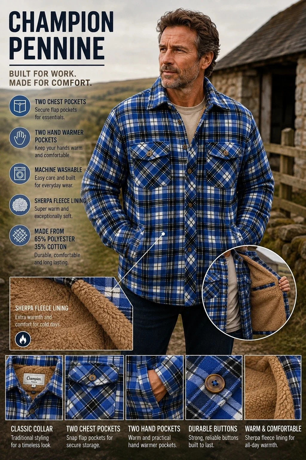 CHAMPION PENNINE SHERPA FUR LINED CHECK SHIRT JACKET