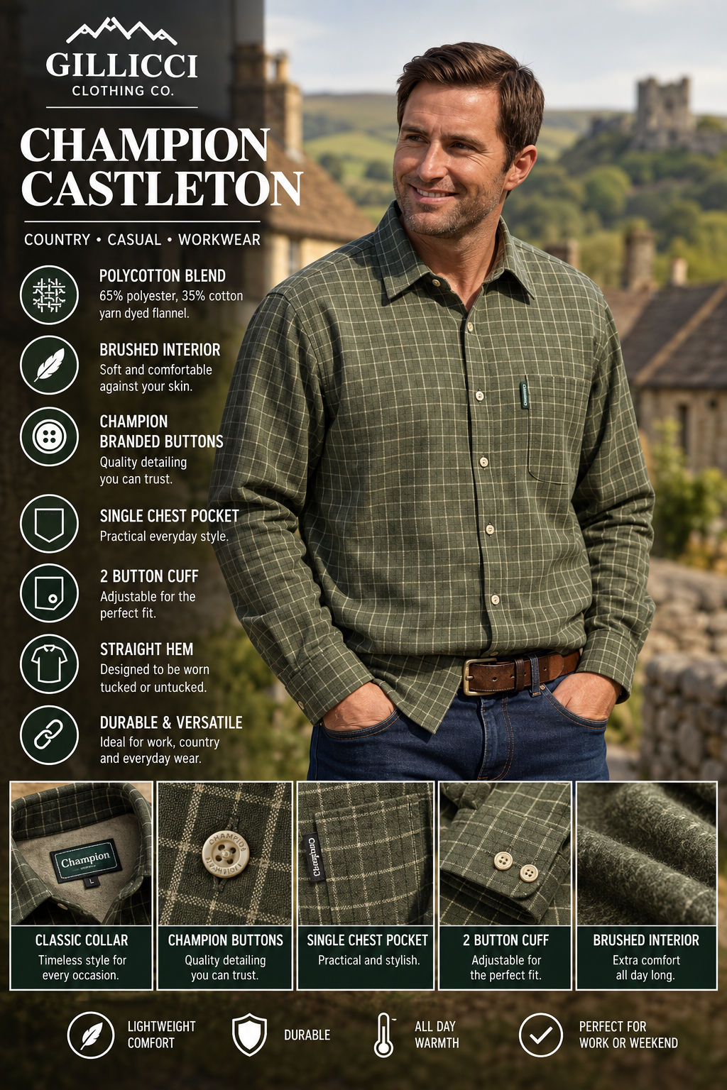 CHAMPION CASTLETON BRUSHED CHECK LONG SLEEVE POLYCOTTON SHIRT