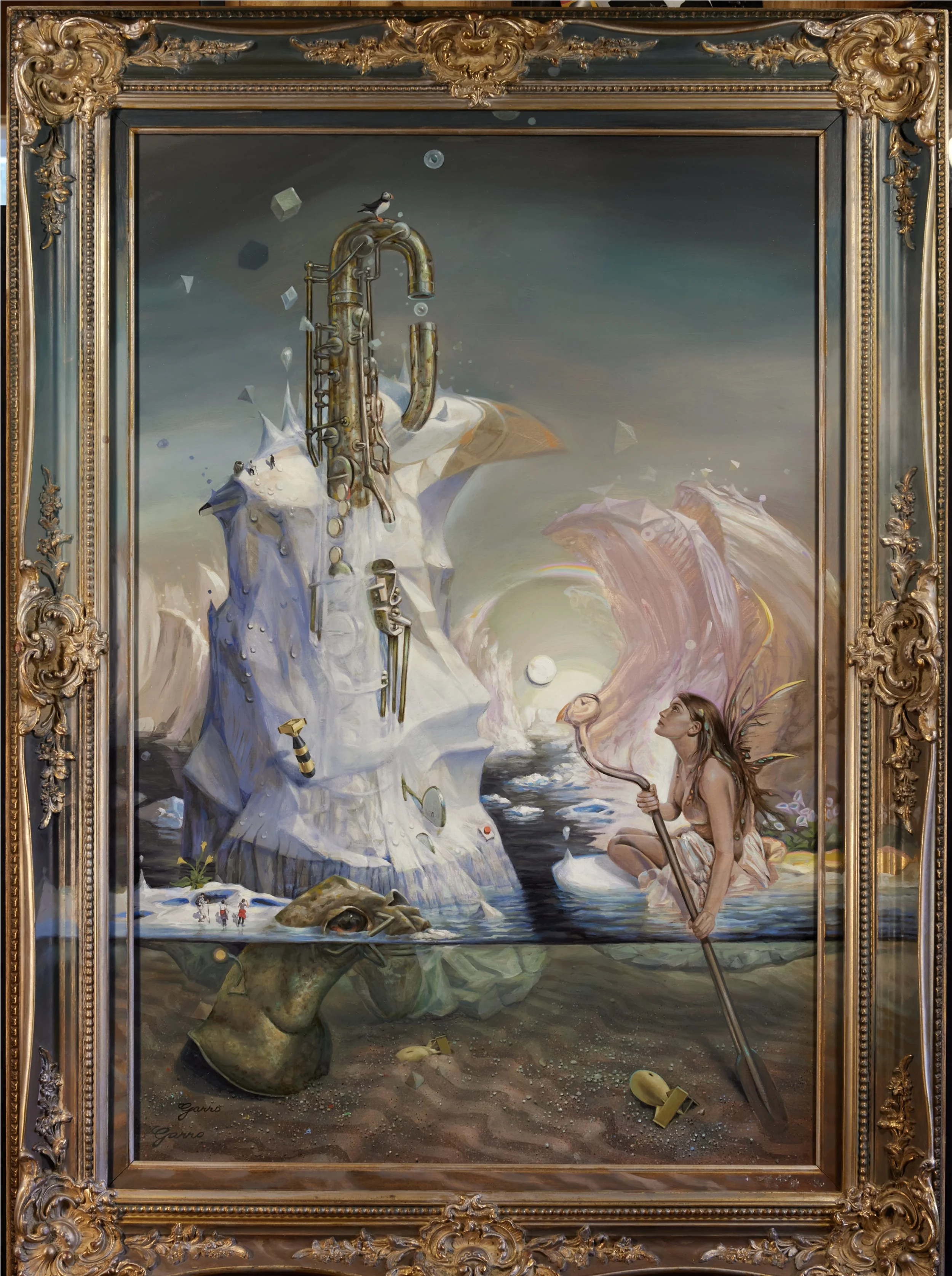 Sax Puffin Pilgrimage Apocalypse
40 x 28 inches, acrylic and oil on panel in antique frame, painted by the artist

Blue green vessel from which the enlightened sips
Stormy outlook first luck suddenly flips
Overwhelming sound intimidating size
Approac