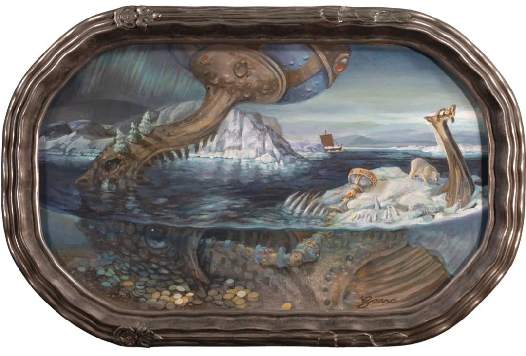 Tail of the Grail Fail
10 x 15 inches, acrylic and oil on panel in antique frame restored and decorated by the artist

They hear the legend then they sail
Follow the sounds of the sirens wail
Take a shortcut because it’s cheaper
Find yourself facing 