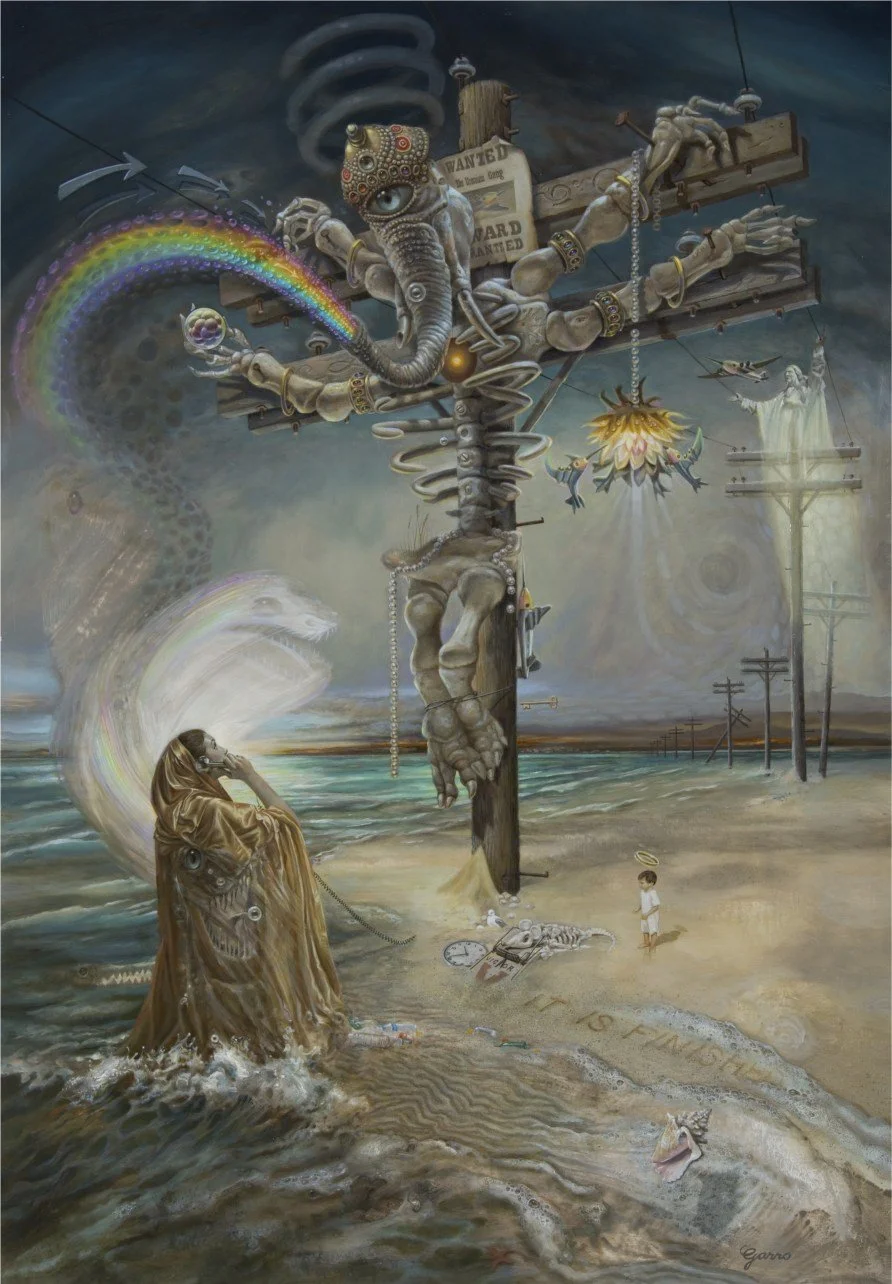 Landline
46x32 (52x38 framed) in frame restored with 24 carat white Gold leaf

Tides rise and cleanse while light and time bends
The rift in space widens
Under the Universal lens
Five’ll get ya ten, when it’s all said and done
When the shit hits the 
