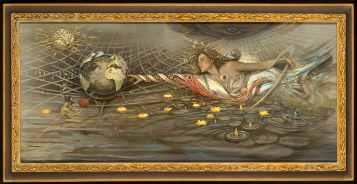 Gravity
15" X 30" / 21" x 36" framed, acylic and oil on masonite

We are one, not alone, all part of the hive
Past then future, sometimes live
To understand this is something we strive
When space-time curves, and warp-core drives
